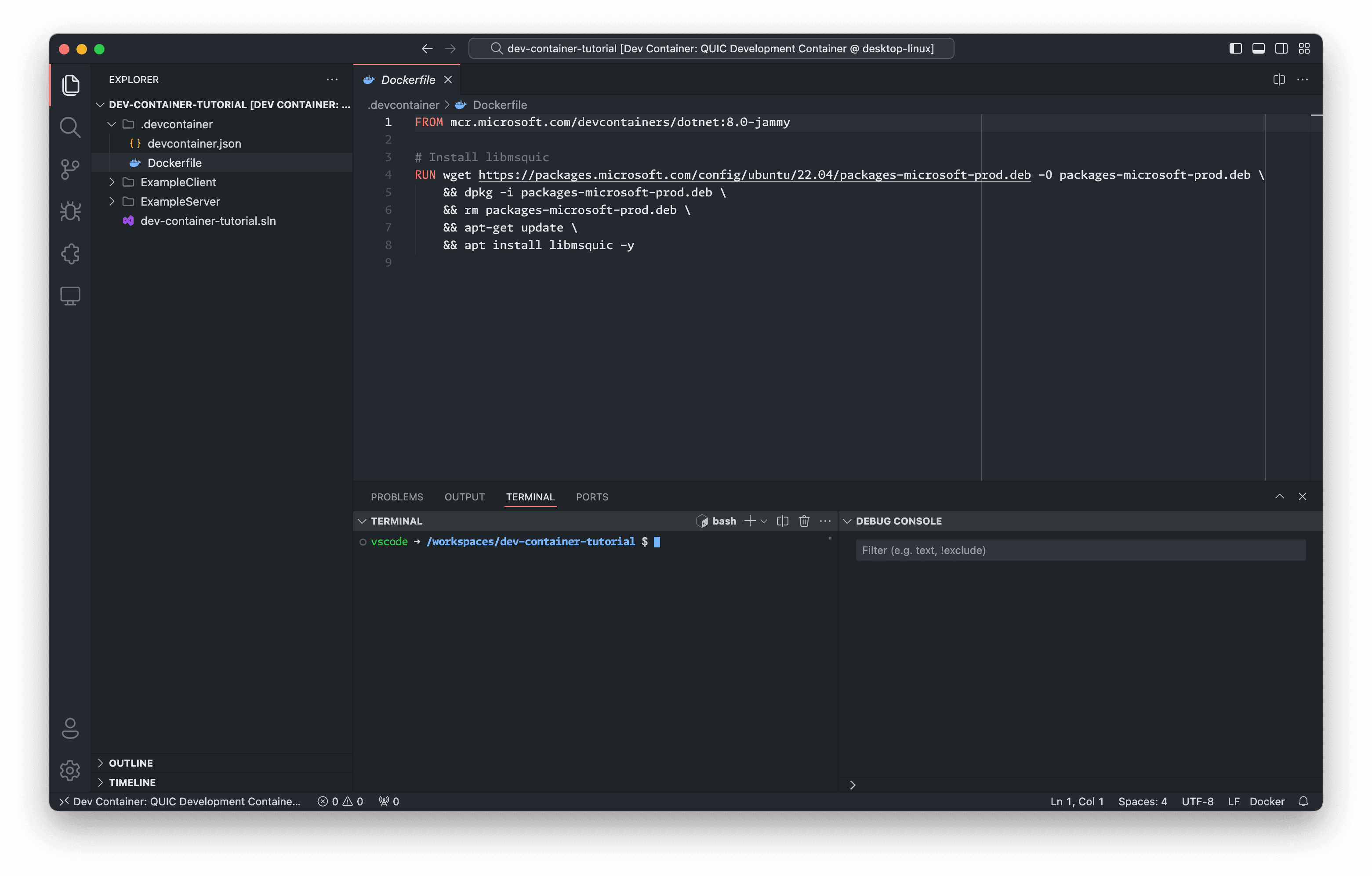 VS Code window with active dev container